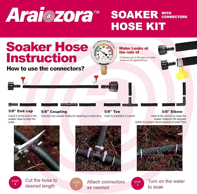 Soaker Hose 100 FT For Garden Beds,Heavy Duty Solid Brass Connector 1/2“ Ruber Drip Irrigation Kit with Hose Stakes&Connector Set for Flower Bed&Yard,Landscaping