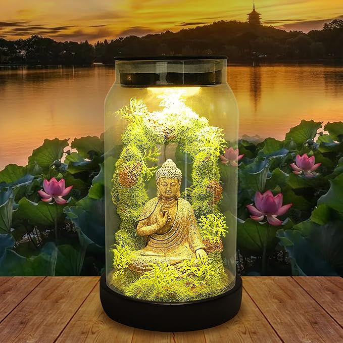 Solar Garden Buddha Statue for Home Decor - 9.8'' Zen Solar Lights Sculptures Decor with 15 LED, Sitting Meditating Buddha Serene Moss Figurine in Jar for Patio Lawn Yard Good Luck Housewarming Gifts