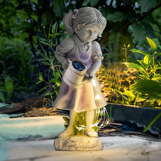 Solar Garden Decor Girl Statue Lawn Ornaments with Solar Watering Can for Outside Yard Porch Patio Balcony Decor Outdoor Gardening Gifts for Women Moms