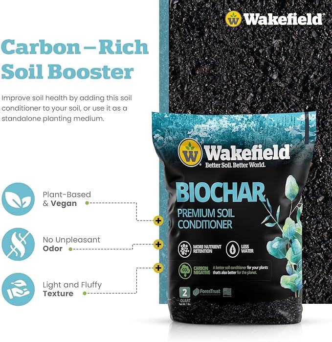 Wakefield Premium Biochar Soil Conditioner – 100% Pure Organic Biochar Soil to Boost Nutrient Retention & Water Efficiency for Houseplants, Gardens, & Lawns – 2 Quarts