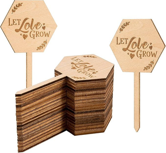 Let Love Grow Succulent Tags Wedding Favors, PARBEE 40PCS Hexagon Plant Sticks Wooden Stake Signs for Wedding Bridal Shower Baby Shower Anniversary Succulent Party Favors
