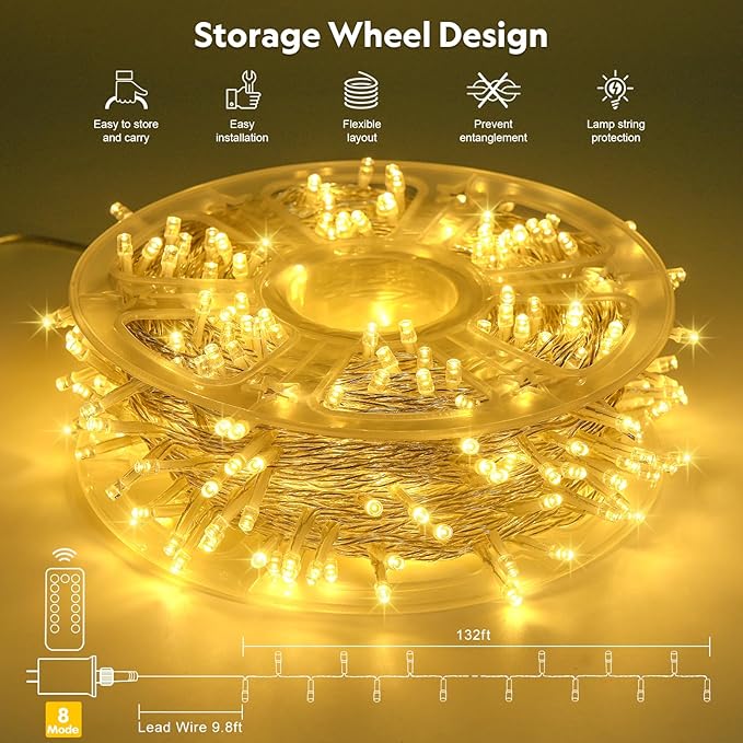 JMEXSUSS 400 LED String Lights Indoor, 132ft Warm White Christmas Lights Outdoor Plug in, 8 Modes Waterproof Twinkle Lights for Outside Holiday Wedding Party Decorations
