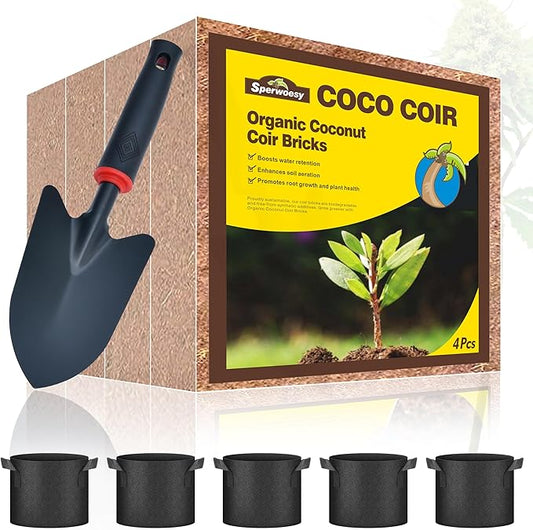 Premium Coco Coir Soil for Indoor Plants - 2.2Kg/4.8 Lbs with Plant Growing Bags & Shovels - Ideal Seed Starter Soil - Coconut Fiber Substrate
