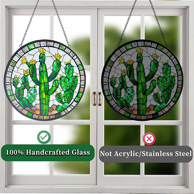 Cactus Decor Suncatcher Indoor/Outdoor Stained Glass Window Hanging - Handmade Stained Glass Suncatchers for Windows Hanging - Outdoor Garden Decor Gift for Women Christmas Thanksgiving Gifts