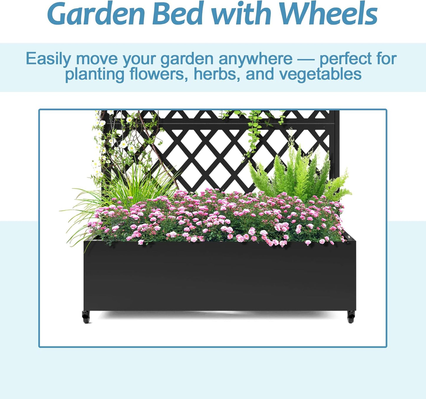 Metal Planter Box with Trellis & Wheels, Raised Garden Bed with Privacy Screen, Outdoor Standing Flower Beds with Drainage Hole for Climbing Plants, Vine, 47.2''L×15.7''W×70.9''H, Black