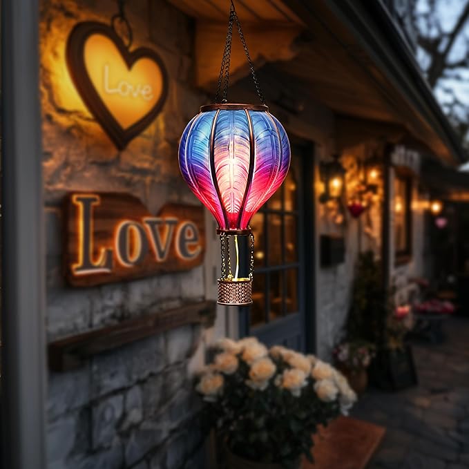 TERESA'S COLLECTIONS Hot Air Balloon Solar Lantern for Garden Decor Halloween Christmas Party,Flickering Flame Hanging Solar Light for Outdoor ,Blue & Purple Plastic Lamp for Yard Tree,Gift for Mom