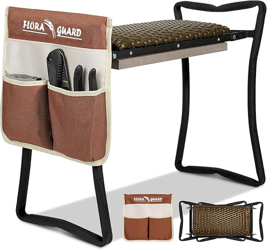 FLORA GUARD Garden Kneeler and seat, Folding seat with Tool Bag, Rattan Cushion, Heavy Duty Carbon Steel Construction, Perfect Gardening Gift for Seniors and Women