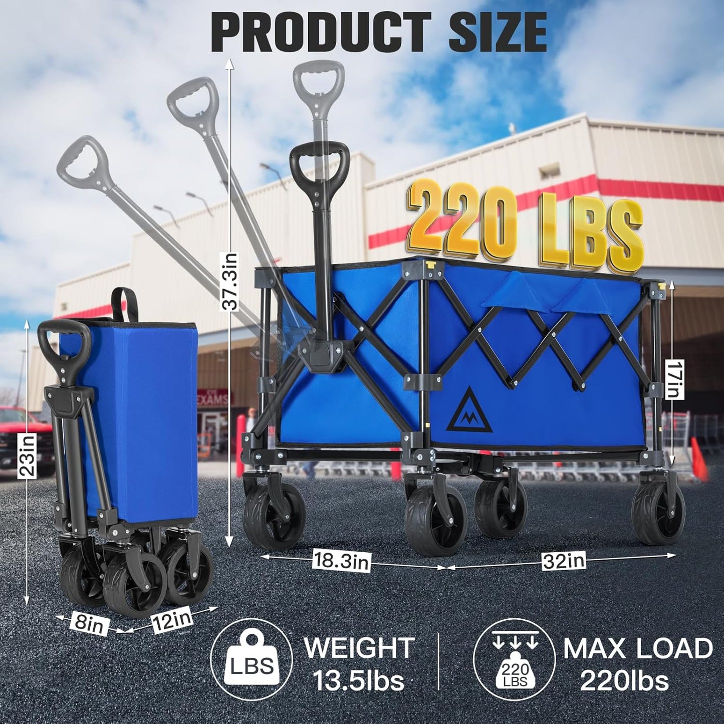 Wagon Cart Shopping Foldable Folding Collapsible with Wheels Big On Beach Garden Outdoor Grocery Heavy Duty Utility All Terrain Portable Wagons Carts for Groceries Sand Camping Sports Blue