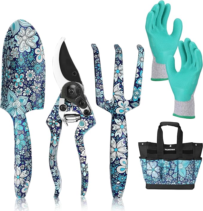 WORKPRO 5PCS Garden Tool Set, Aluminum Heavy Duty Gardening Tool Set with Garden Tool Bag, Outdoor Garden Hand Tools, Floral Blue