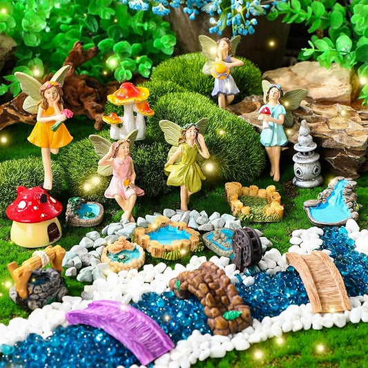 Unittype 19 Pcs Miniatures Fairy Gnome Resin Figures Garden Accessories Mushroom House Figures Fake Pond Lawn Bridge Figurines Terrarium Ornaments Garden Decoration for Outside(Fairy)