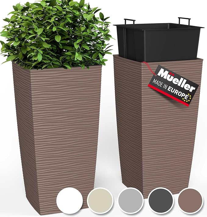 Mueller M-Resin Heavy Duty Tall Planter, Indoor/Outdoor Grande Plant, Tree, Flower Pot, 2-Piece Set, 18”, Modern Design, Built-in Drainage, Mocha