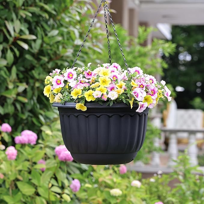 YIKUSH Planters for Outdoor Plants 2 Pack Black Plant Pots with Drainage Hole and Absorbing Tray Hanging Planters for Indoor Plants (12 inch, 3 Hooks)