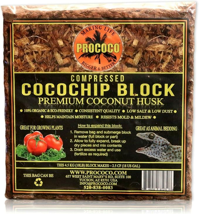 Prococo Compressed Coconut Husk Coco Coir Chips Natural Cocochip Block Great for Reptile Bedding Substrate, Mulch for Landscaping, Garden, Plant Soil Mixes 10 lbs
