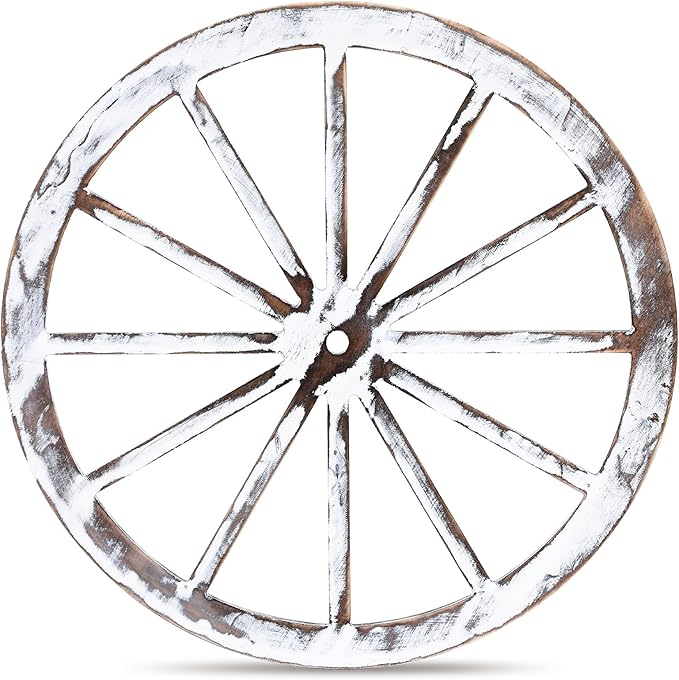 Wood Wagon Wheel Decorative Old Western Style Wagon Wheel Decor Vintage Rustic Wall Hanging Wood Cartwheel Decor for Garden Bar Patio Garage Farmhouse(30 Inch,White)
