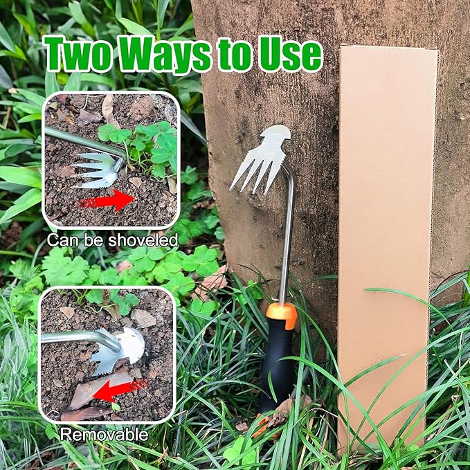 Weeding Artifact Uprooting Weeding Tool, Multifunctional Weeder, Hand Weeder Tool, 4 Teeth Stand Up Weed Puller Tool with Handle for Garden Yard Farm Weed Removal (13in, Stainless Steel Rubber)