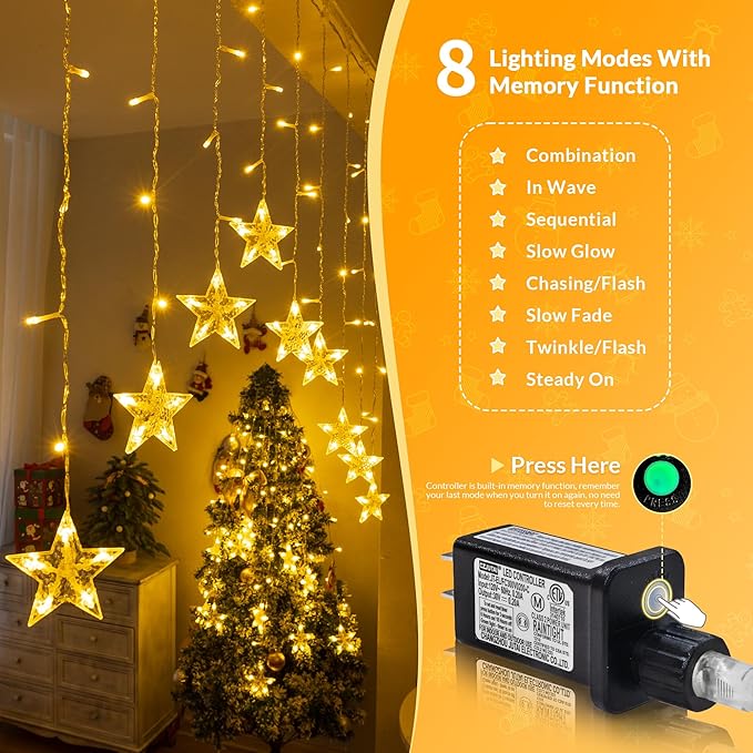 YOUNGAR Stars Icicle Lights, Stars Curtain Lights,11.5ft 118LED Hanging for Home Bedroom Ceiling, Warm White Lights Decor for Wall Indoor, Outdoor, Party, Garden Christmas