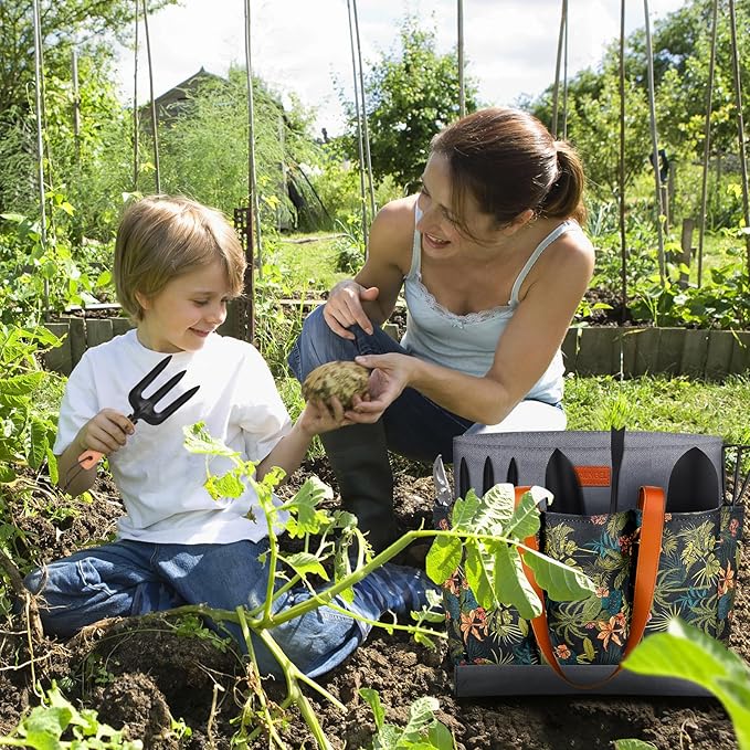 YAUNGEL Gardening Tools - 10Pcs Garden Tool Set Heavy Duty Stainless Steel Gardening Supplies Hand Tools with Wooden Handle, Storage Tote Bag, Ideal Gardening Gifts for Women and Men, Black
