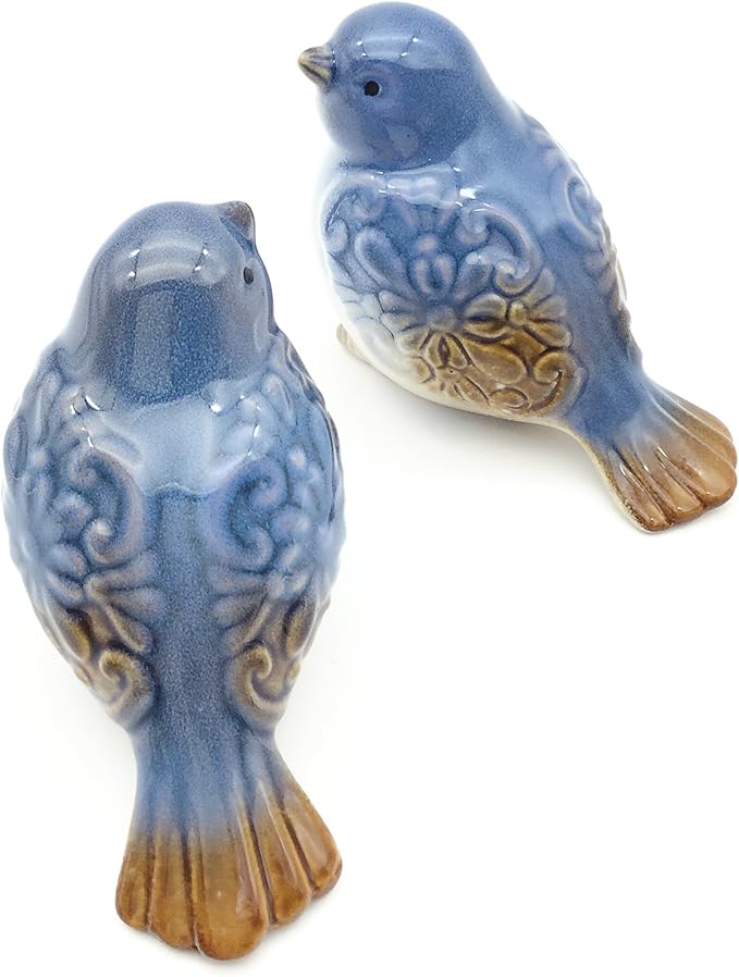 Set of 2 Ceramic Bird Figurines Flower Embellished Garden Statue Home Decor Mini Bird Ornaments