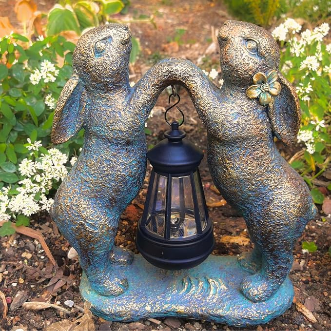 Garden Statues Rabbit with Solar Lantern, Outdoor Bunny Figurines Decorations for Patio Yard Lawn Ornaments, Gifts for Mom/Grandma Birthday Easter Housewarming