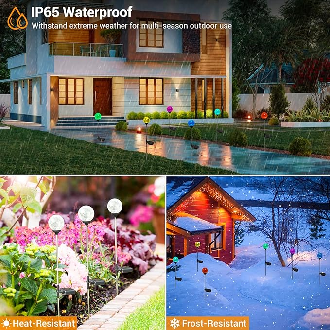 OxyLED Solar Globe Lights Outdoor 4 Pack Garden Stake Lights Waterproof Cracked Crystal LED Color Changing Solar Pathway Lighting Auto On/Off for Landscape Patio Yard Christmas Decoration
