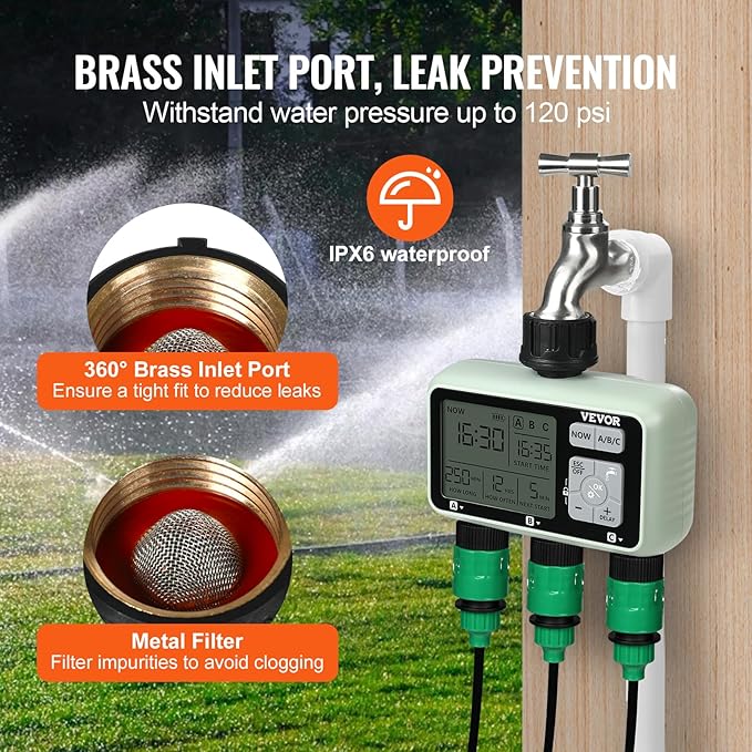 VEVOR Water Timer, 3 Outlets, Hose Watering Sprinkler Timer, with 3 Independent Watering Zone LCD Display Rain Delay Mode Manual Mode 360° Brass Inlet Metal Filter, IPX6 Waterproof for Yard Watering