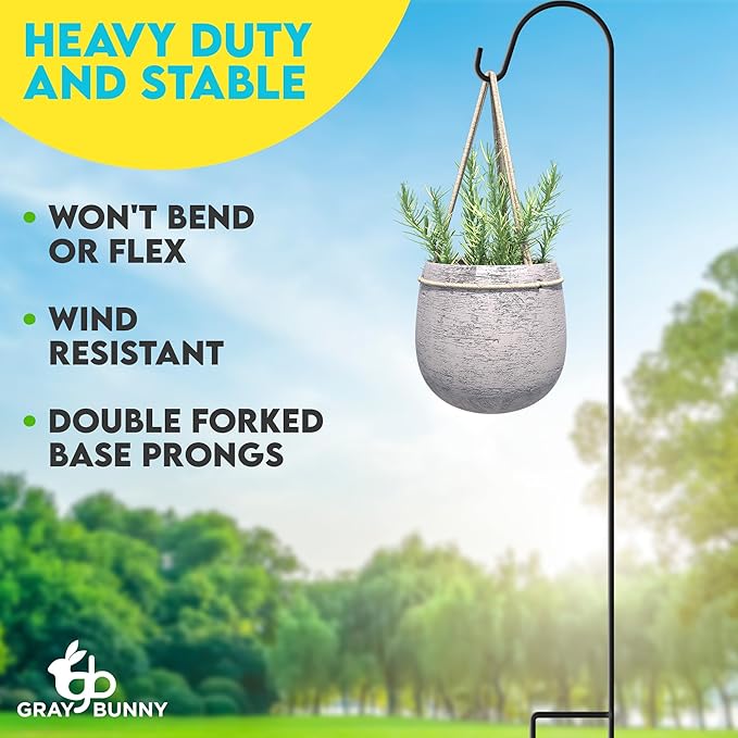 Gray Bunny 35" Shepherds Hooks for Outdoor 4 Pack, Thick Bird Feeder Pole, Hanging Plant Stand, Shepherds Hook for Bird Feeder, Non-Hollow, Non-Adjustable, Extra Long Base Prongs