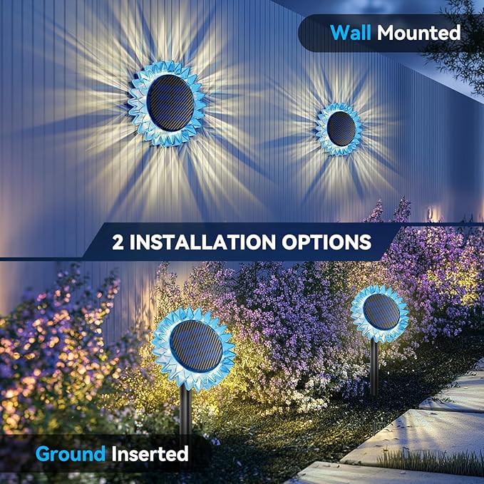 Solar Garden Lights - Upgraded Solar Sunflower Light, Ground/Wall 2 In 1, Solar Outdoor Lights Waterproof IP67,Garden Yard Patio Backyard Pathway Landscape Fence Wall Decoration, Warm White(4 Pack)