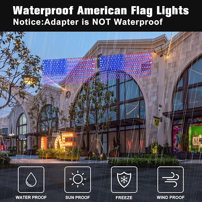 MUYUN American Flag Lights Solar Powered&Plug-in, 420LED Flag Net Light with Remote, 8 Modes Fairy String Light for Christmas Decorations Party Home Decor July 4th Independence Day