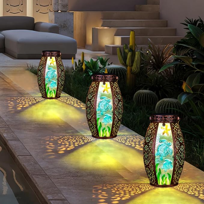 Larekook Outdoor Solar Lantern-Waterproof Turtles Hanging Metal Decorative Lights for Patio Table Garden Pathway Yard with Super Bright Warm White LED,Large Solar Panels,Auto On/Off Sensor