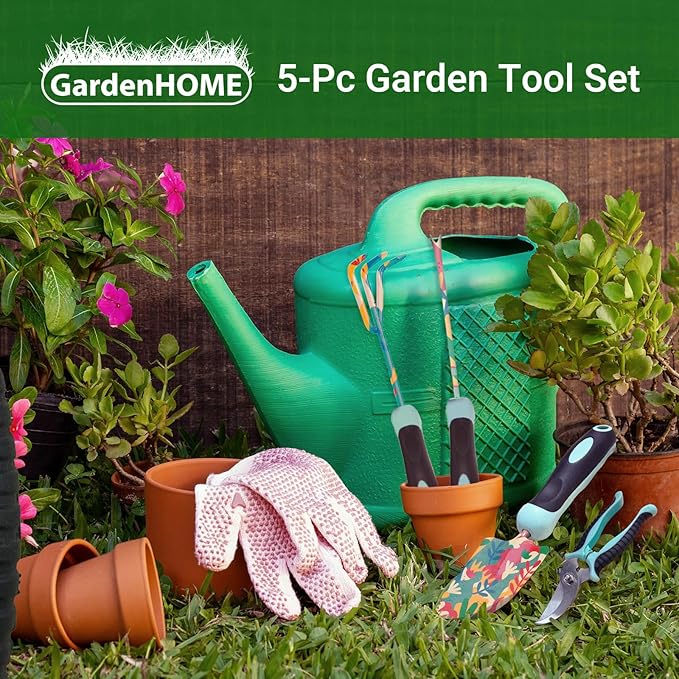 5-Piece Tool Set, Durable Garden Kit with Ergonomic Non-Slip Handles, Accessories and Gifts for Women, Floral Design for Yard and Gardening Work