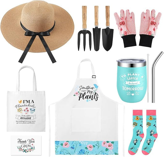 Toulite 10 Pcs Gardening Kit for Women Gardening Tool Set Gardening Gifts for Women with Planting Tools Straw Hat Floral Apron Glove Gardening Gift Basket Cup with Straw for Plant Lover Women
