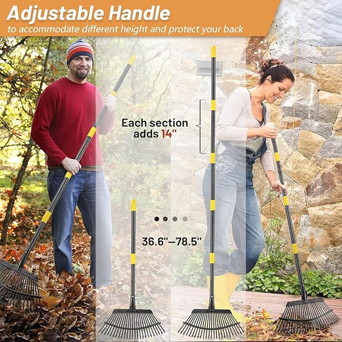 Rake, Garden Rake for Leaves, Leaf Rake Heavy Duty for Yard,Lawn,Shrub,Grass,Mulch, 8.5" Metal Head,6ft Adjustable Long Handle,Adults Kids Rake for Gardening