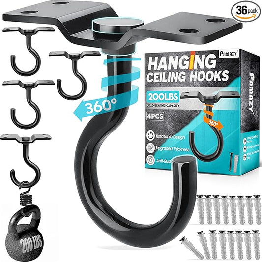 [UPGRADED] 4Pcs 200LBS Rotatable Ceiling Hooks with 4 Screw Points Base, Wall Mount Metal Hanger Black Ceiling Hook for Hanging Plant, Bird Feeder, Lights, Bed Canopy, Wind Chime, Indoor Outdoor Decor