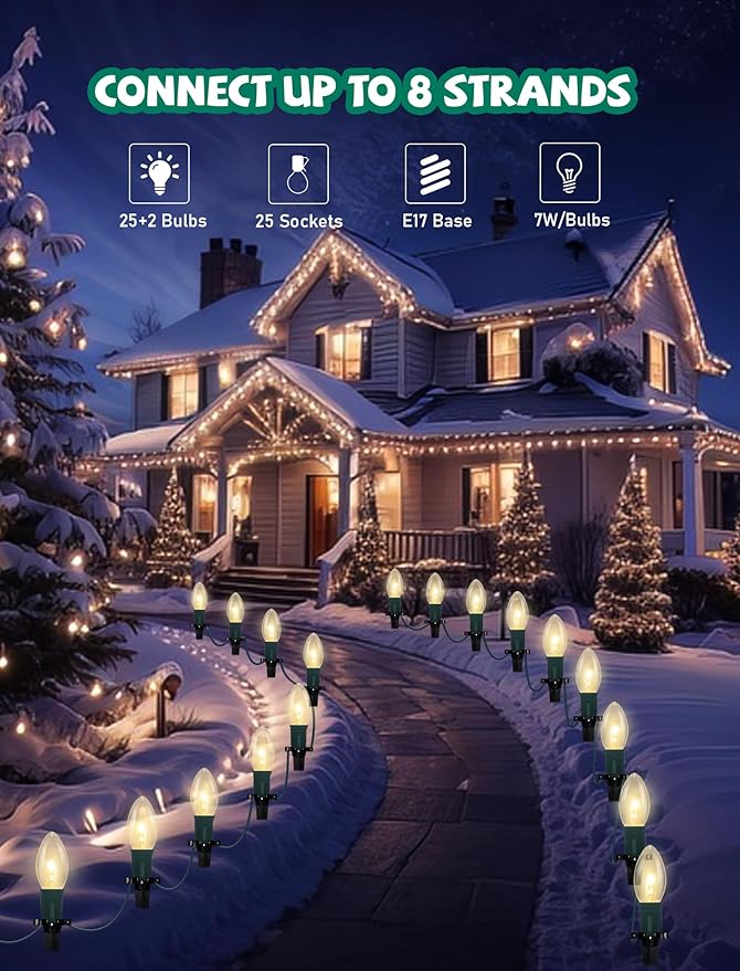 Christmas Pathway Lights Outdoor, 38Ft Outdoor Christmas Decorations with 25 C9 Warm White Christmas Pathway Stakes Lights, Connectable Christmas Walkway Lights for Yard Lawn Sidewalk Driveway Garden