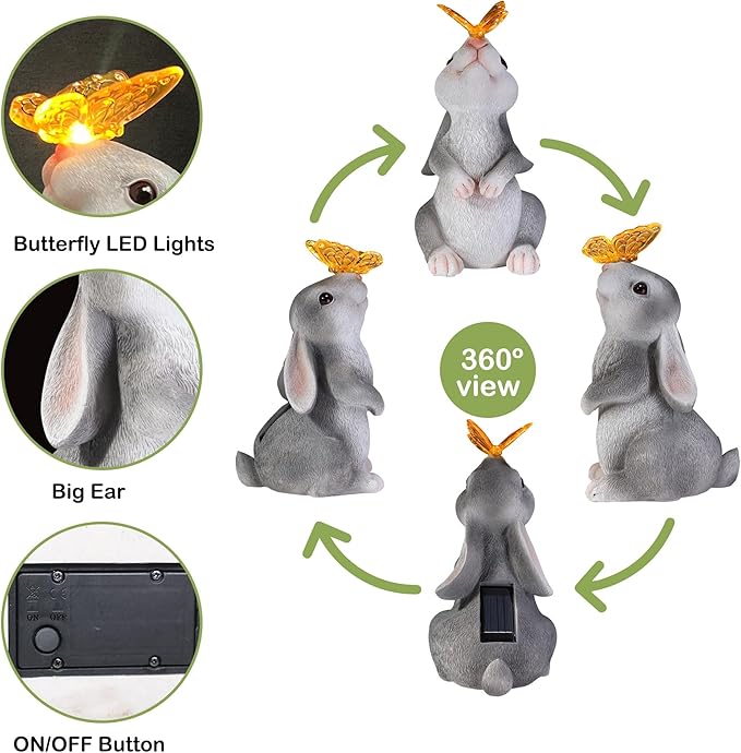 Attivolife Garden Solar Outdoor Statues Rabbit Light, Bunny with Butterfly & 7 Color Change Lamp, Patio Easter Ornament for Lawn Balcony Porch Yard Art Decor, for Mom Grandma