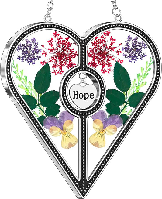 KY&BOSAM Heart Suncatcher Hope Stained Glass Panels for Windows Hangings Wind Chime with Pressed Real Flower Heart Embedded in Glass Friend Gifts- Birthday Gifts for Women Mother`s Day Christmas Decor