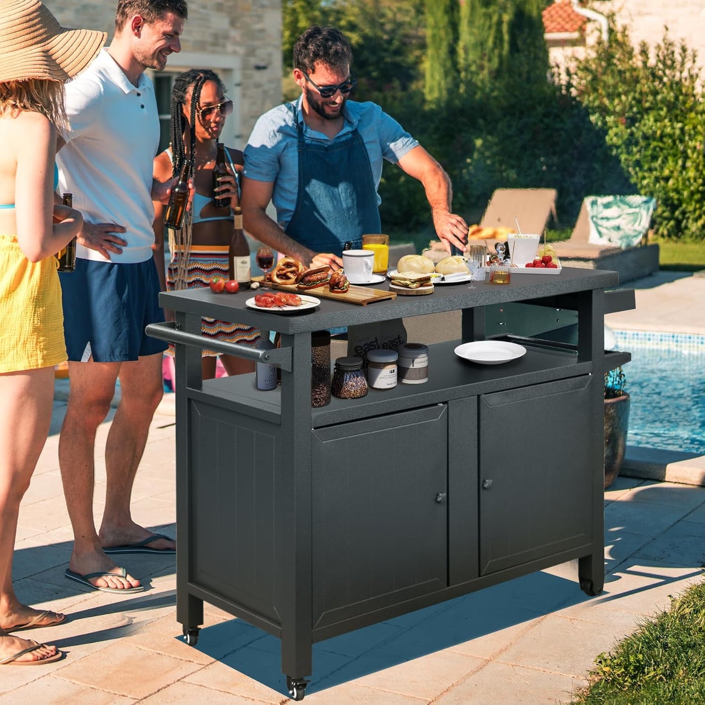 Grill Cart Outdoor with Storage Cabinet, Portable Rolling Patio Bar Cart with Wheels, BBQ Prep Table, Movable Stainless Steel Kitchen Island Dining Cart for Food/Drink/Cooking -Grey