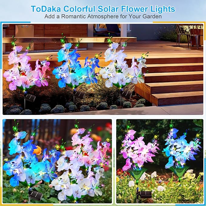 Solar Garden Lights Outdoor Decor, 3 Pack Newest Version Phalaenopsis Orchid Flower Solar Lights for Outside, 240 LED Colorful Waterproof Solar Lights Outdoor for Yard Patio Decor, Gift for Mom