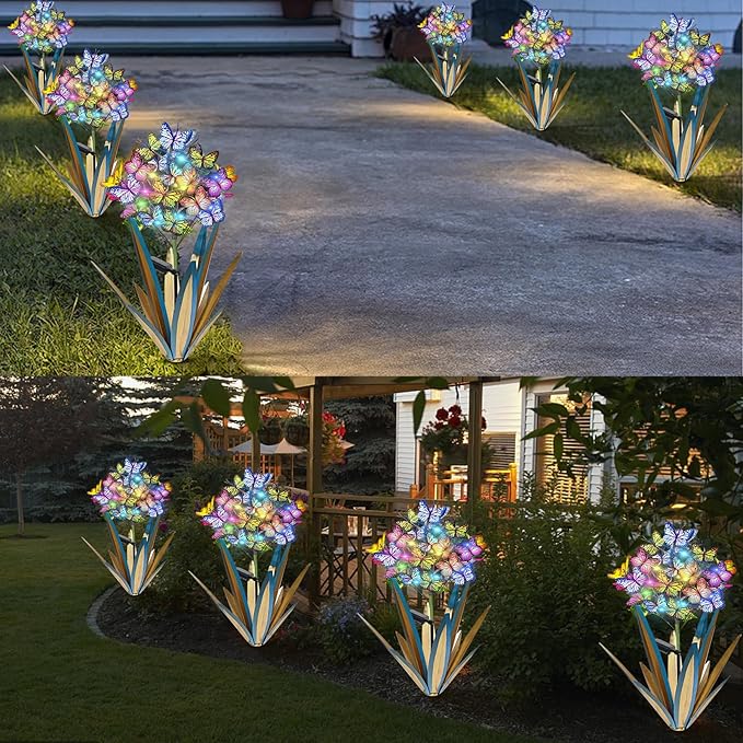 Homight Solar Metal Agave Butterfly Flower Stick Garden Sculpture Outdoor Gift Solar Garden Christmas Lights Swaying Butterfly Sunflower Garden Lights Solar Outdoor (3 PCS Blue)