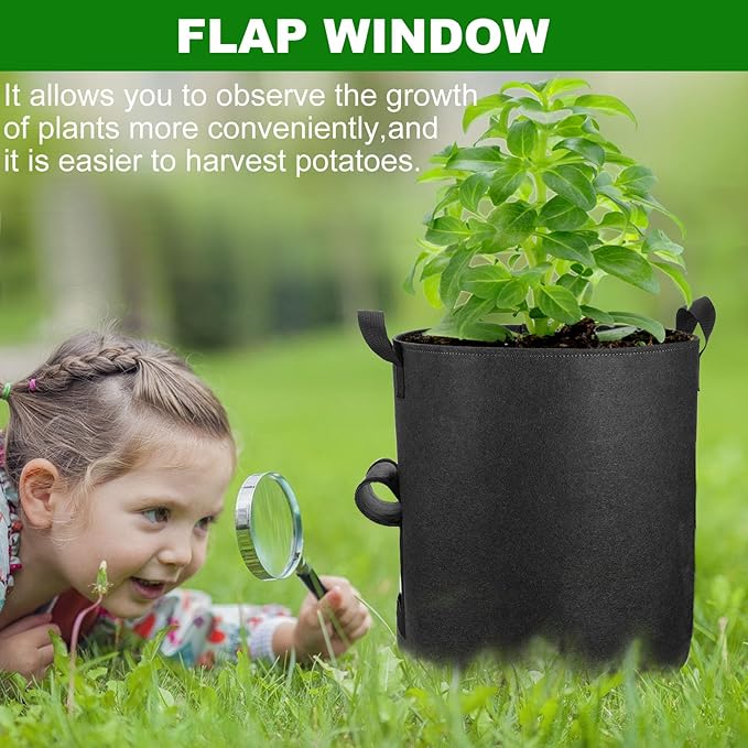 6-Pack 10 Gallon Potato Grow Bags with Flap Window, Heavy Duty Aeration Fabric Pots with Handles for Garden and Planting(Black)