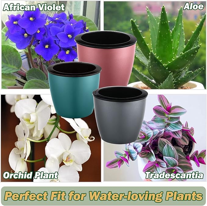 Planterhoma 6.7 Inch Self Watering Pots for Indoor Plants, 6 Packs African Violet Pots with Black Wick Pots, Self Watering Planters for Devil's Ivy, Indoor Plant Pots, Blue/Rose Gold