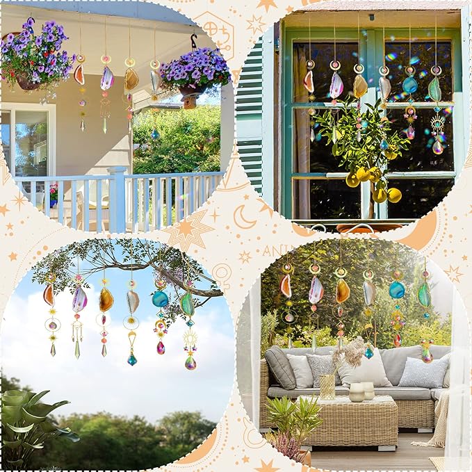 Maitys 6 Pcs 6 Pcs Crystal Suncatcher Sun Catchers Indoor Window Hanging Sun Catchers with Light Catcher with Prisms and Agate Slices for Indoor Outdoor Home Garden Wedding Decor (Colorful Crystal)