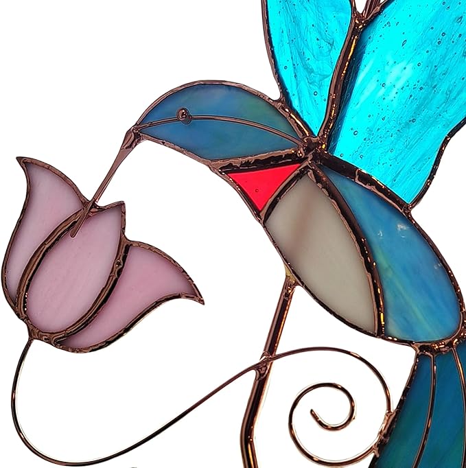 Plant Hanger Hook - Hummingbird with Pink Flower - Stained Glass Sun Catcher Plant Hook for Indoor and Outdoor Use - Copper S Hooks Top and Bottom