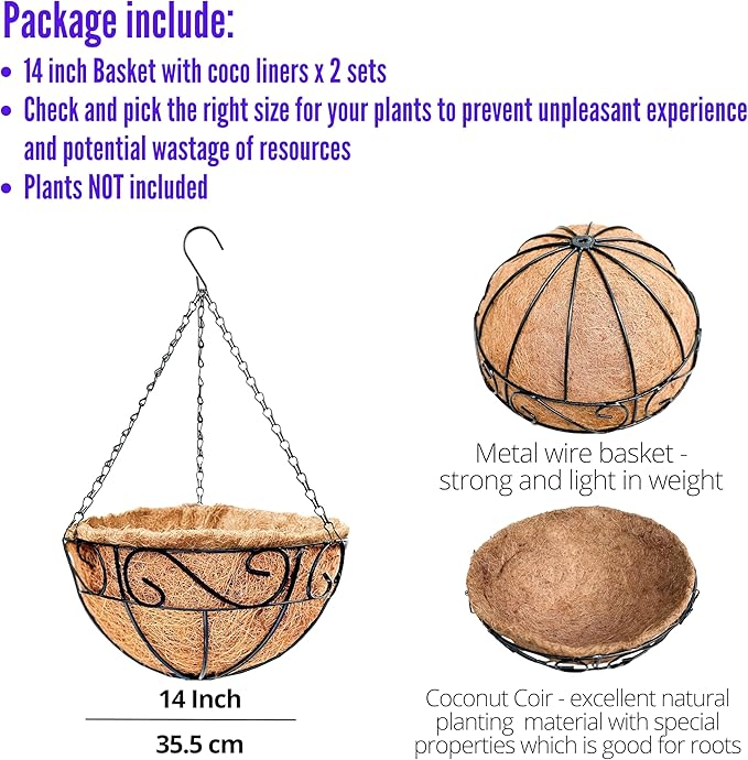 LaLaGreen Hanging Planter for Outdoor Plants (2 Pack, 14 Inch) White Hanging Baskets with Coco Liner, Metal Wire Flower Basket Pots with Hook Hanger Balcony Porch Farmhouse Country Style Garden Decor