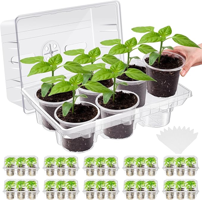 Vesici 10 Pack Seed Starter Tray Kit Seedling Starter Trays with 4 Inch Nursery Pots and Humidity Dome (60 Cells) Mini Greenhouse Plant Germination with Labels for Garden(Clear)