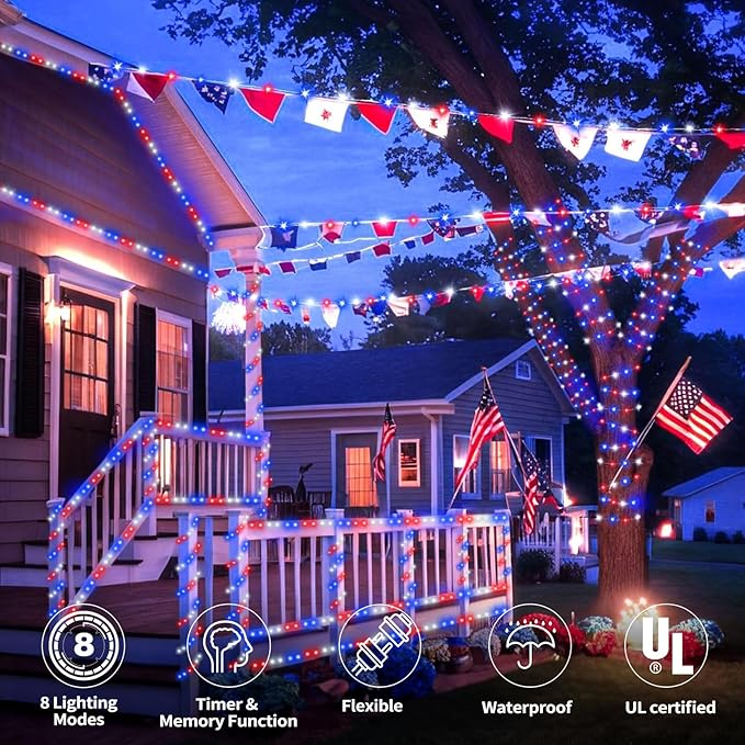 200ft LED Rope Lights Outdoor, 1440 LED Flexible Tube Lights with 8 Modes, Waterproof LED Rope Lighting for Independence Flag Day, Memorial Day, National Day, Outdoor,Indoor Decor (Red & White & Blue)