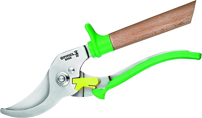 Opinel Hand Pruning Shears with non-slip beech wood handle perfect for bypass trimmers, garden, hedge, lawn clippers or hand scissors with stainless steel blade (Green)
