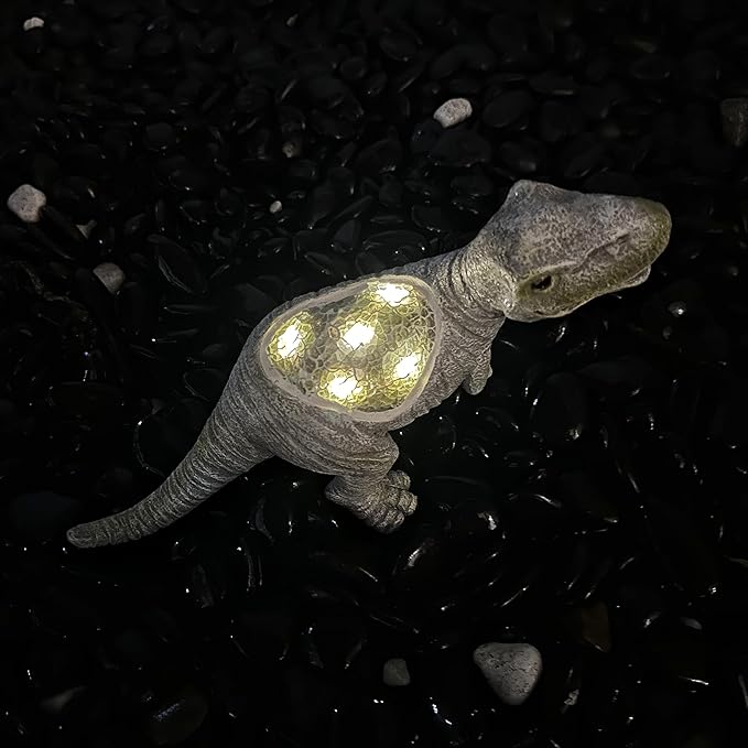 Solar Powered Lifelike Dinosaur Garden Statue Hand-Made Glass Craftsmanship Resin Outdoor Tyrannosaurus Figurine Light Decoration Home Decor Lawn Yard Patio Porch Ornament Gift