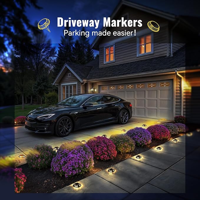 Solar Driveway Lights Outdoor 16 Pack, 9 Colors Solar Deck Dock Lights Outdoor Waterproof IP68, 3 Dynamic Light Modes, Driveway Marker for Warning Stair, Boat Dock, Step, Walkway, Patio Decor