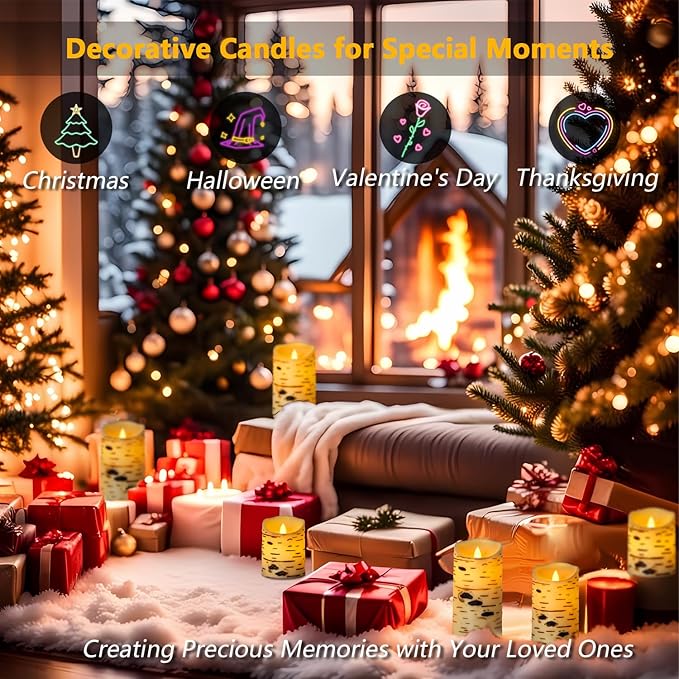 Metaku Flameless Candles Battery Operated Set of 3 Birch Bark LED Pillar Candles with Remote,3D Moving Wick Electric Decorative Candles for Christmas Party Wedding Home Bedroom,D 3"×H4 5" 6"